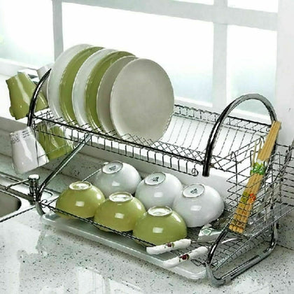 2 Tier Dish Drainer Rack Storage Drip Tray Sink Drying Wired Draining Plate Bowl