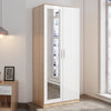 High Gloss 2 Door Wardrobe White&Oak Storage Hanging Rail Furniture with Mirror