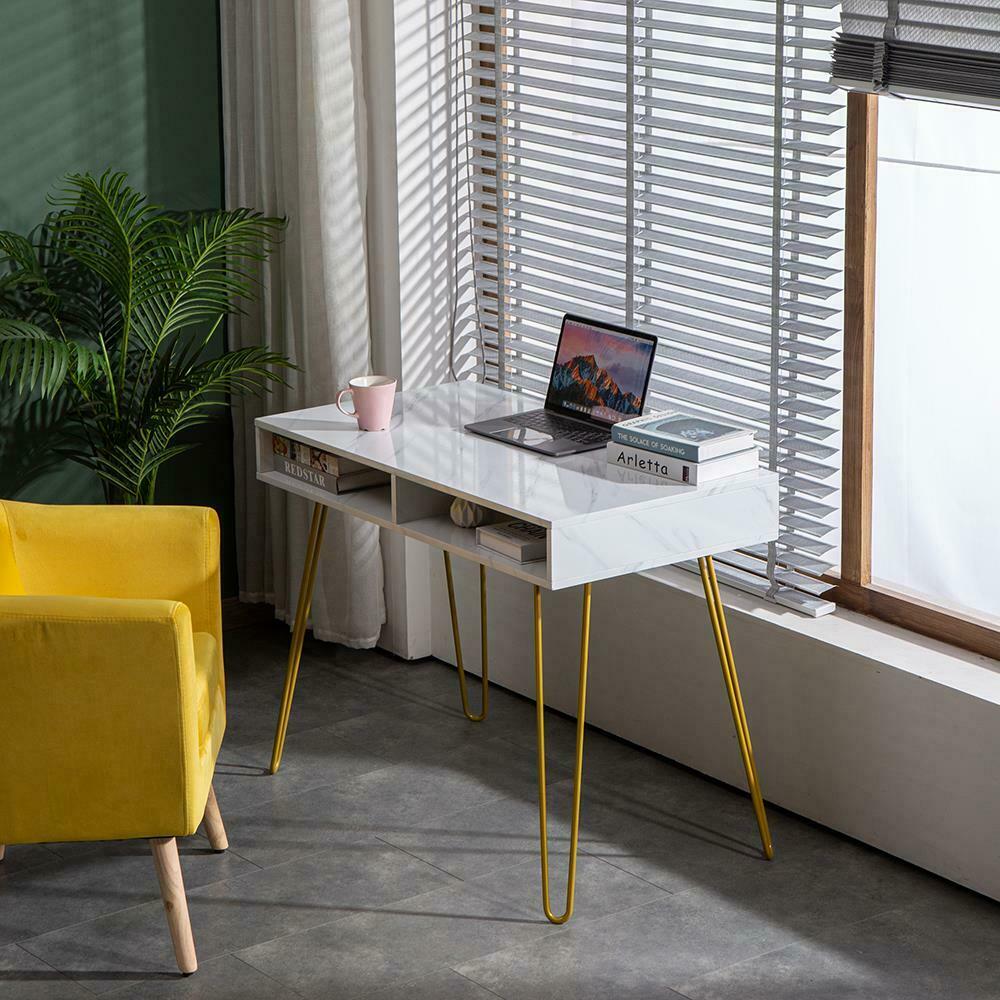 Marble Computer Company White Marble Effect Computer Desk PC Laptop Table Home Office Study Wo ...