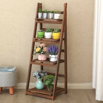 4 Tier Folding Plant Stand Ladder Shelf Wood Bookshelf Storage Rack Garden UK