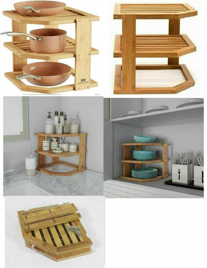 BAMBOO 3 TIER CORNER KITCHEN CUPBOARD PLATE DISH HOLDER STAND STORAGE SHELF RACK