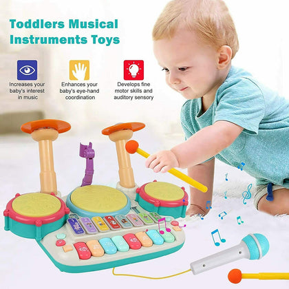 5 In 1 Kids Toddler Drum Set w/Microphone Piano Set Kids Musical Instrument Toy