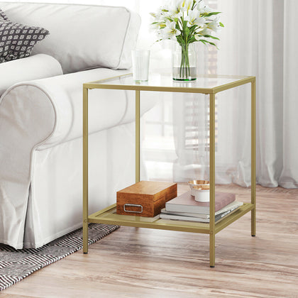 2-Tier End Table, Side Table Accent Table with Tempered Glass Top and Mesh Shelf