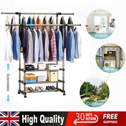 Adjustable Rolling Garment Hanger Scalable Portable Rail Clothes Rack w/ Wheels