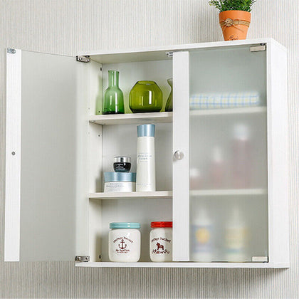 White Kitchen Bathroom Cabinet Wall Mounted Double Door Storage Cupboard Shelf