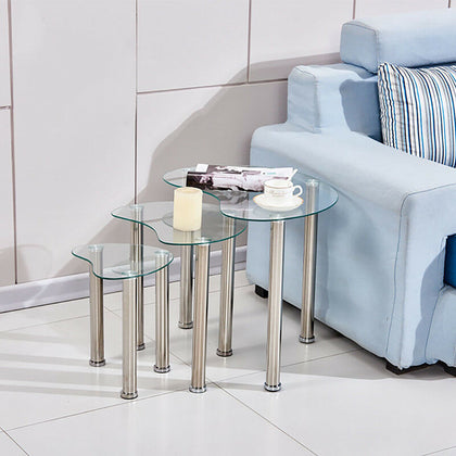 Nest of 3 Side Table End Table Glass Metal Legs Nesting Tables Living Room Heart