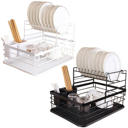 2 Tier Dish Drainer/Rack with Removable Drip Tray and Cutlery Holder Storage NEW
