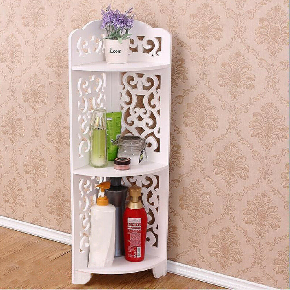 Free Standing Corner Shelf Unit 3 Tier White Storage Rack Bathroom Organizer UK