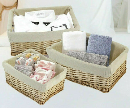 SET 3 SIZE WICKER BASKETS WILLOW STORAGE LINING HAMPER GIFT LINER WOVEN HANDMADE