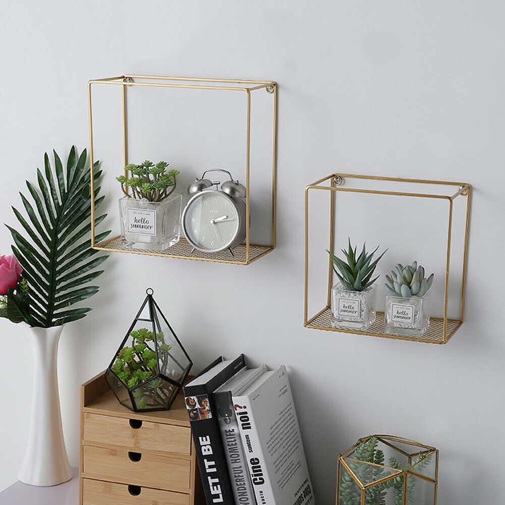2pcs Floating Modern Gold Wall Shelf Storage Shelves Metal Bookcase Rack Decor