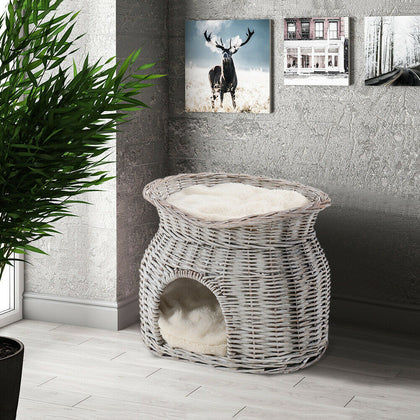 Wicker Handmade Willow 2Tier Bunk Basket Pet Cat Pup Bed House w/ 2 Soft Cushion