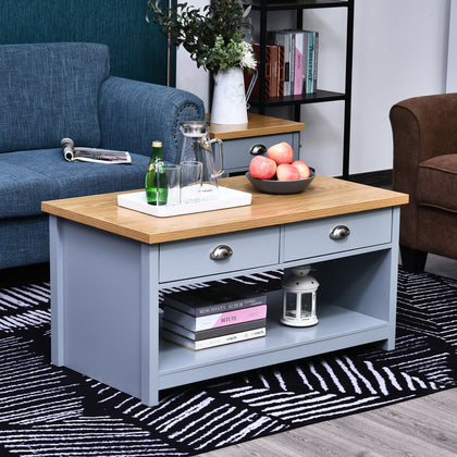 HOMCOM Coffee Table w/ 2 Drawers Open Display Wood Effect Tabletop Retro Style