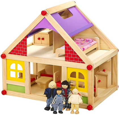 13pc Kids Girls Childrens Wooden Doll House toy with Furniture and Toy Figures