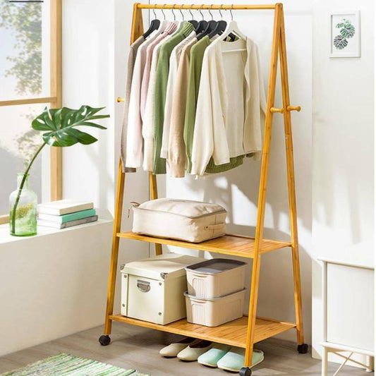Bamboo Coat Stand Rack Garment Hanging Rail Clothes Wardrobe with 8 Hooks 2 Tier