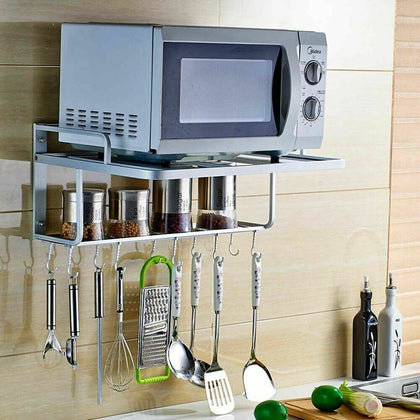 Microwave Oven Rack Holder Stand Organizer Aluminum Wall Storage Shelf Hooks