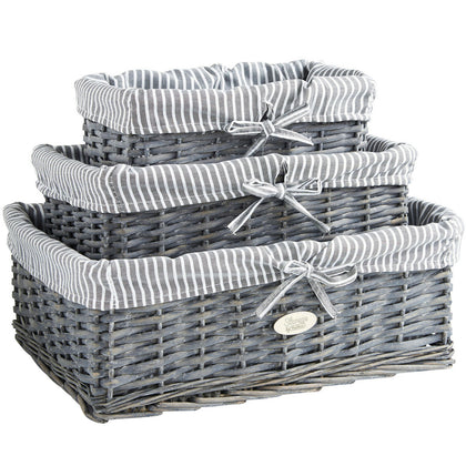 VonHaus Wicker Seagrass Storage Baskets Grey Bathroom Set Of 3 Cloth Lining