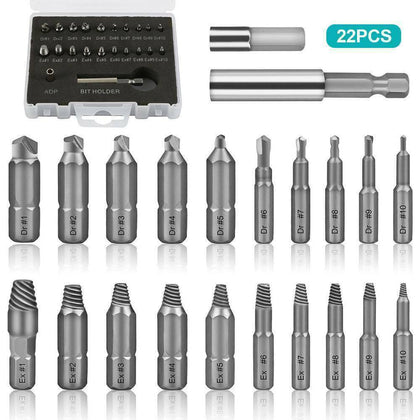 22PCS Damaged Screw Extractor Remover Broken Bolt Easy Out Stripped Drill Bits.