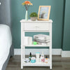 White Side End Table Bedside Table Cabinet Nightstand w/Drawer & Shelf Storage