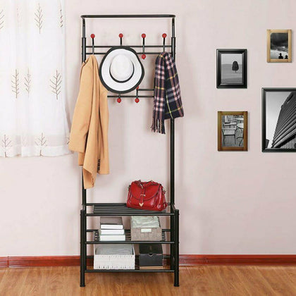 Metal Hat & Coat Stand Clothes Shoe Rack Rail Hanger 14 Hooks Shelf Black