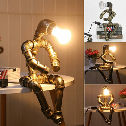 Retro Water Pipe Industrial Table Lamp Steampunk Robot Office Home Desk Light