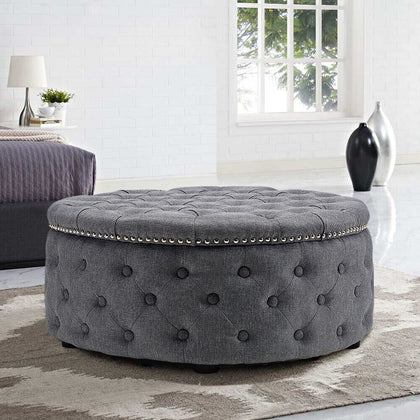 Chesterfield Round Buttons Tufted Large Linen Footstool Pouffe Stool End Table