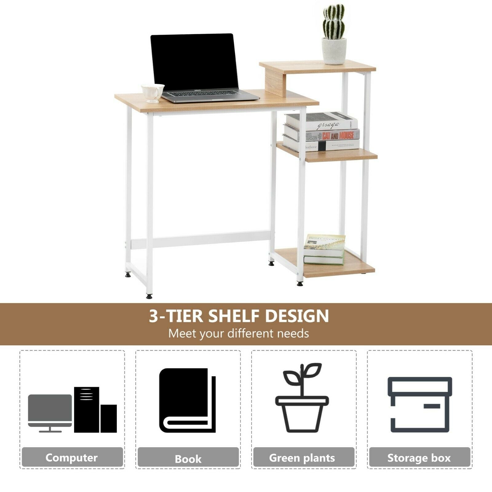 3 Level Computer Desk PC Laptop Table Computer Desk 3 Tier Shelves Steel Frame Home Office W ...