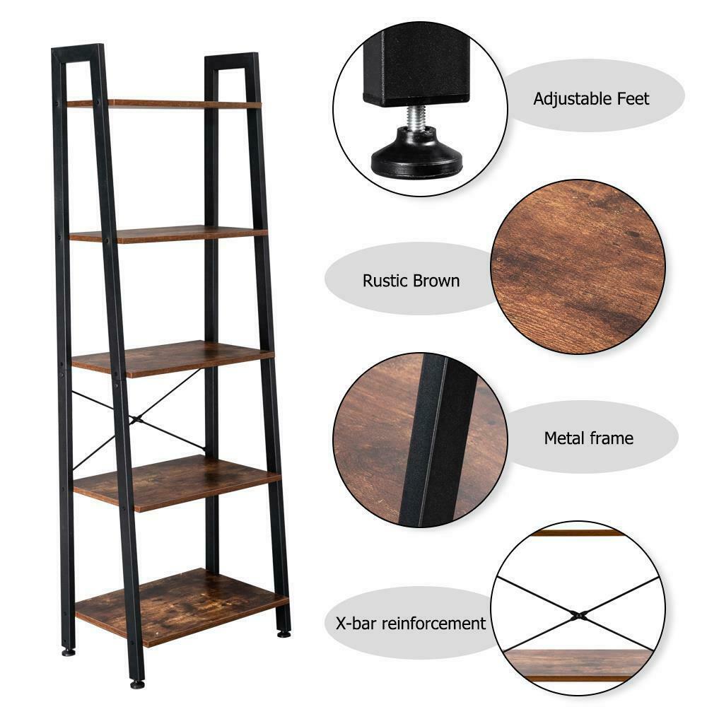 5-Tier Ladder Shelf Bookcase Bookshelf Plant Flower Stand Storage Metal Frame