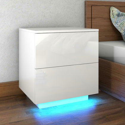 2 Drawers Bedside Table Cabinet High Gloss Side End Table Nightstand LED RGB