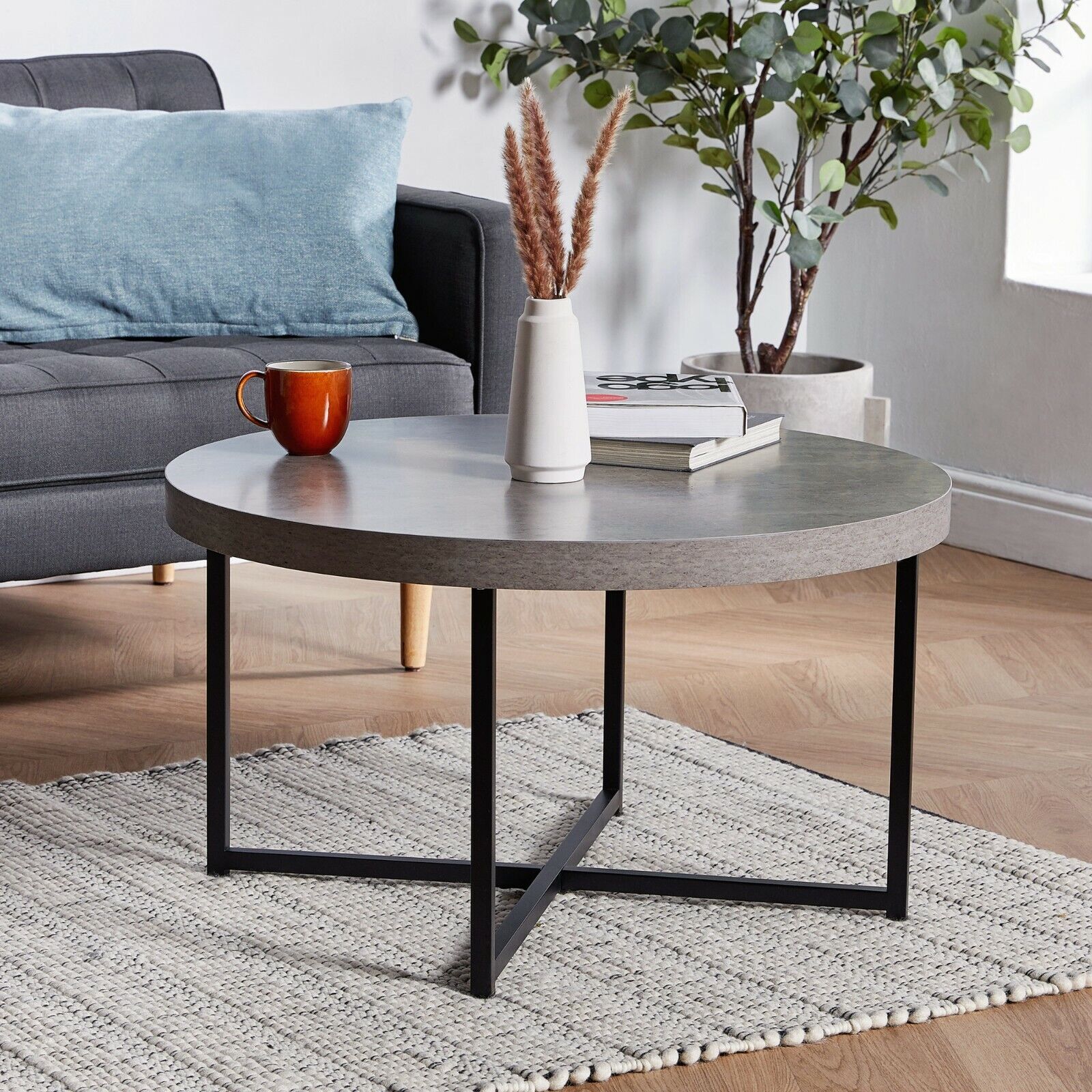 Concrete Effect Coffee Table Round Grey Modern Portable Industrial Sty ...