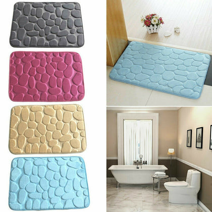 Memory Foam Non-Slip Bath Mat 3D Cobble Stone Shape Microfibre Pebble Toilet Rug