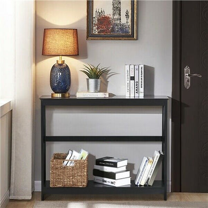 2 Tier X-Design Console Table Hallway Side Table Bookshelf Entryway Table Black