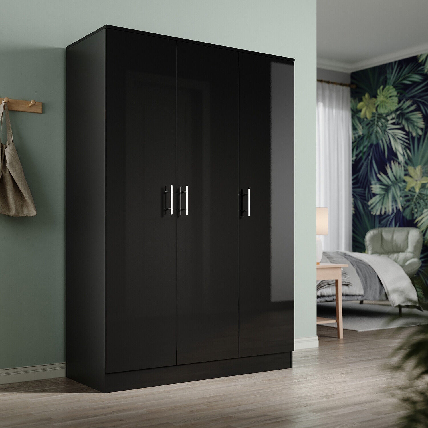 3 Rack Wardrobe Black Modern High Gloss 3 Door Triple Wardrobe with Hanging Rail & She ...