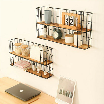 2 Tier Wall Mounted Metal Wire Wood Shelf Floating Shelves Kitchen Storage Rack