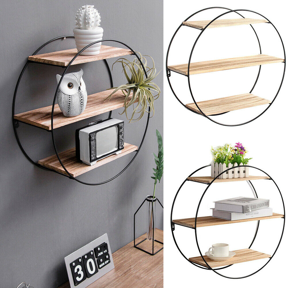 Wall Unit Metal Wood Floating Shelves Storage Hanging Rack Display Home Decorate