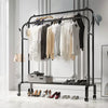 Mobile Double Clothes Hanging Rail w/ Storage Shelf Garment Shoes Display Stand