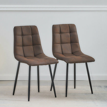 2X Brown Faux Leather/Suede Dining Chairs Padded Black Metal Legs Kitchen Office