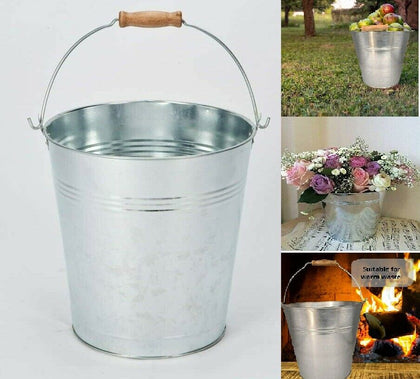 12L Galvanise Heavy Duty Strong Metal Bucket Steel Wooden Handle Buckets Ash Pan