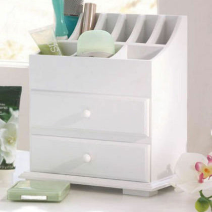 Wooden Desk Tidy Organiser Caddy Pen Holder Tidy Make Up 2 Drawer Cosmetic White