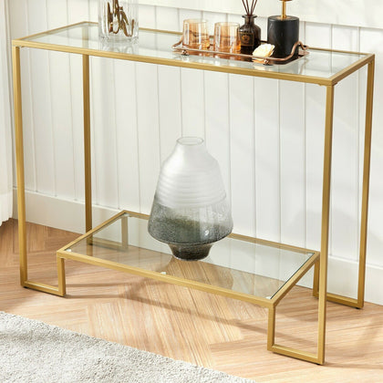 Mid-Century Modern Console Table Luxury Gold Glass Metal Hall Side Large Shelf