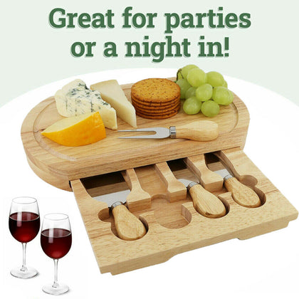 Bamboo Cheese Cutting Board Set Wooden w/4 Knives Charcuterie Meat Serving Tray