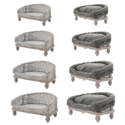 Natural Wicker Pet Bed Handmade Raised Cat Dog Sofa Couch - Cushion Optional