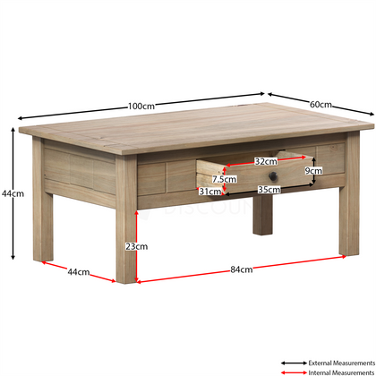 Panama 1 Drawer Coffee Table Mexican Solid Pine Wood Waxed Rustic Oak Finish