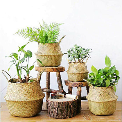 Foldable Seagrass Woven Storage Plant Flower Pot Belly Basket Laundry Hamper SA