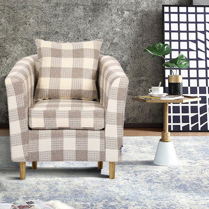 Plaid Lounge Armchair Hemp Cushion Chair with Wood Legs Living Room uk