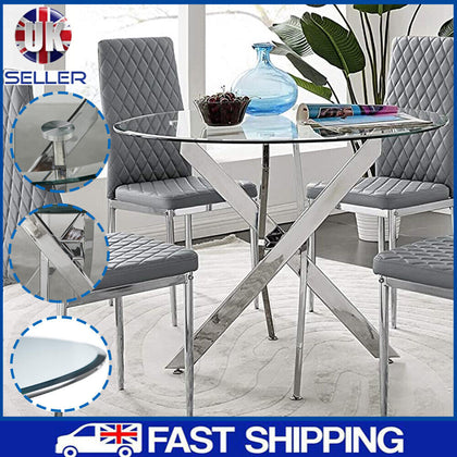 Modern Clear Glass Round Dining Table With Chrome Cross Legs Kitchen Furniture