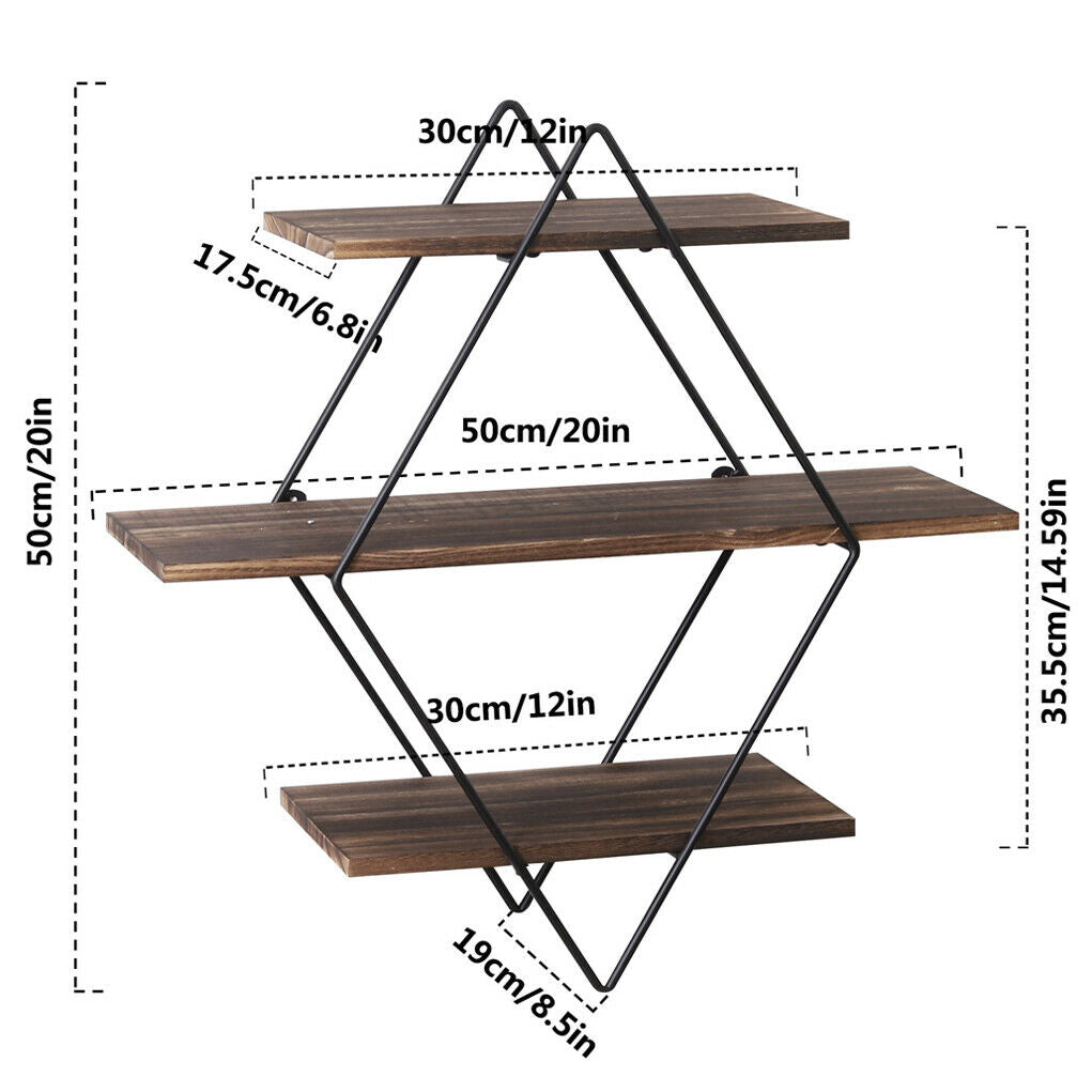 3 Tiers Diamond Floating Shelf Wall Mounted Storage Shelving Vintage Wooden Rack