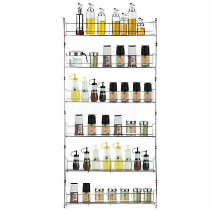 6 TIER SPICE RACK HERB JAR HOLDER KITCHEN DOOR WALL MOUNTED CUPBOARD STORAGE