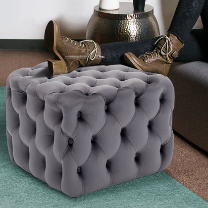 Square Grey Velvet Tufted Button Footstool Ottoman Pouffe Foot Rest Stool Seat