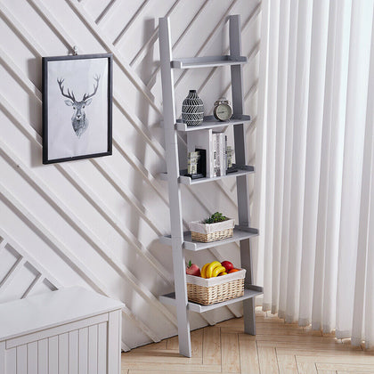 5 Tier Ladder Shelving Unit Wall Leaning Wood Bookcase Book Shelf Storage Stand