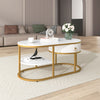2-Tier Coffee Table Marble Effects Cocktail Table Accent Table with Drawer HT